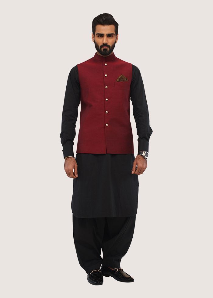 black shalwar kameez with maroon waistcoat