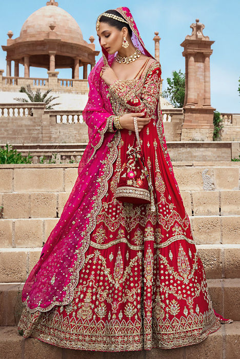 Carmine Red Bridal Lehenga In Raw Silk With Zari Embroidered –  paanericlothing